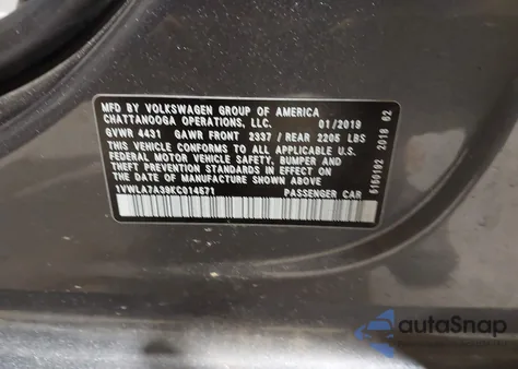 2019 Volkswagen Passat 2.0T Wolfsburg Edition из США, поврежденный, VIN 1VWLA7A39KC014571